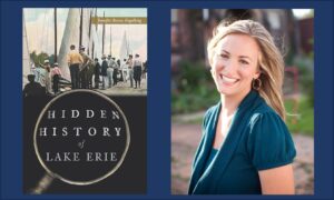 Picture of the cover of Hidden Lake Erie next to the author, Jennifer Boresz Engelking